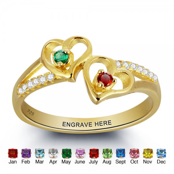 Fashion Yellow Heart Round Cut 2 Stones Birthstone Ring In S925 Sterling Silver