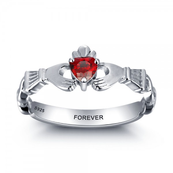 Personalized Silver Claddagh Heart Cut 1 Stone Birthstone Ring In 925 Sterling Silver