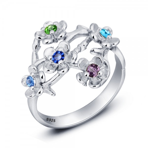 Customized Silver Flowers Round Cut 5 Stones Birthstone Ring In Sterling Silver