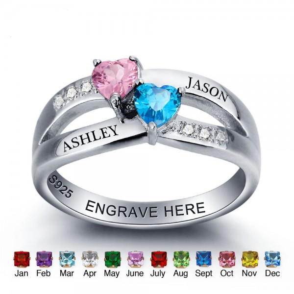 Fashion Silver Love Heart Cut 2 Stones Birthstone Ring In S925 Sterling Silver