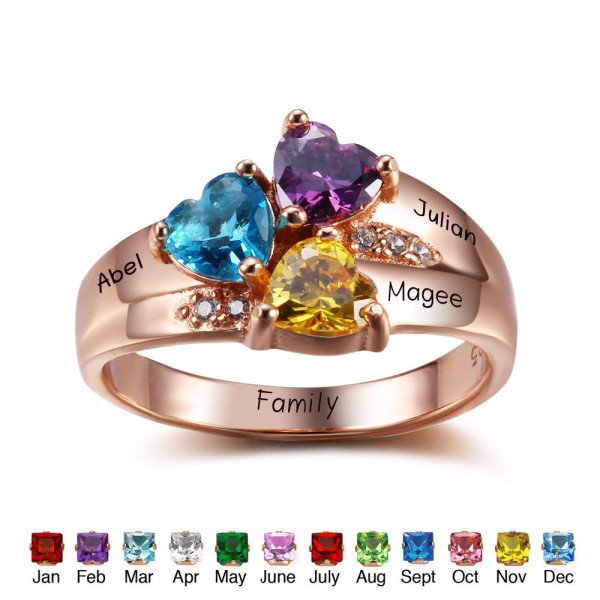 Fashion Rose Family Heart Cut 3 Stones Birthstone Ring In S925 Sterling Silver