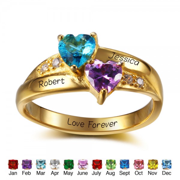 Customized Yellow Love Heart Cut 2 Stones Birthstone Ring In S925 Sterling Silver