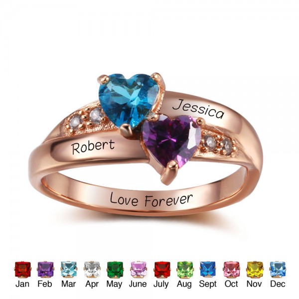 Unique Rose Love Heart Cut 2 Stones Birthstone Ring In Sterling Silver