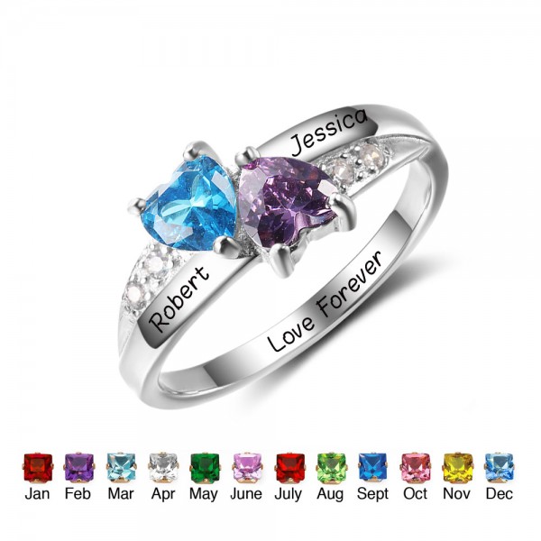 Fashion Silver Love Heart Cut 2 Stones Birthstone Ring In 925 Sterling Silver