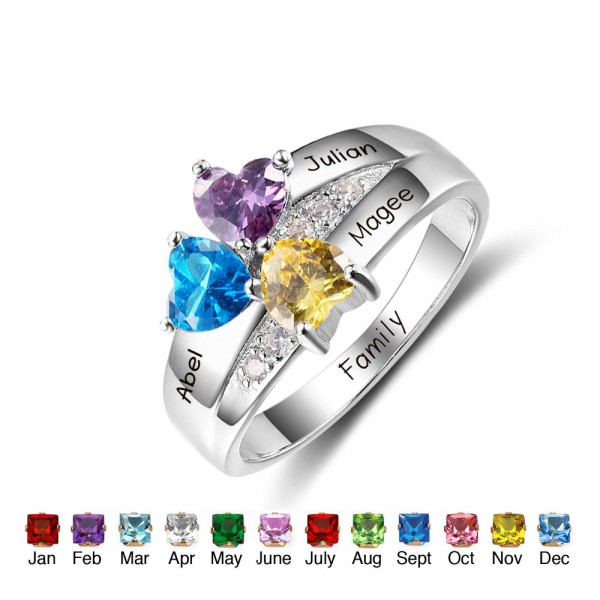 Affordable Silver Family Heart Cut 3 Stones Birthstone Ring In S925 Sterling Silver