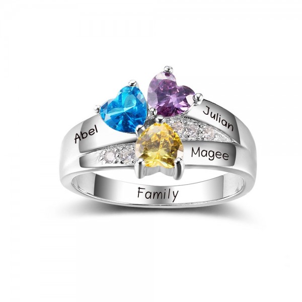 Affordable Silver Family Heart Cut 3 Stones Birthstone Ring In S925 Sterling Silver