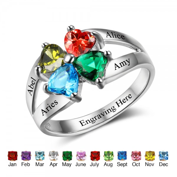 Personalized Silver Flowers Heart Cut 4 Stones Birthstone Ring In S925 Sterling Silver