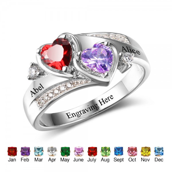 Unique Silver Heart Heart Cut 2 Stones Birthstone Ring In S925 Sterling Silver