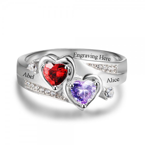 Unique Silver Heart Heart Cut 2 Stones Birthstone Ring In S925 Sterling Silver