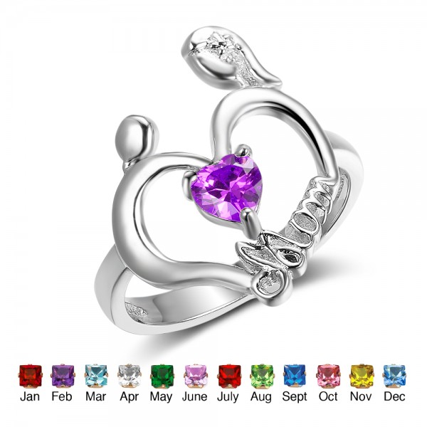 Customized Silver Family Heart Cut 1 Stone Birthstone Ring In S925 Sterling Silver