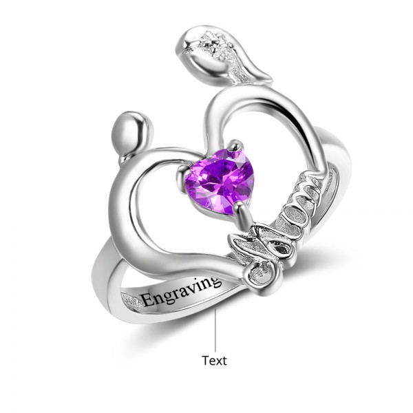 Customized Silver Family Heart Cut 1 Stone Birthstone Ring In S925 Sterling Silver