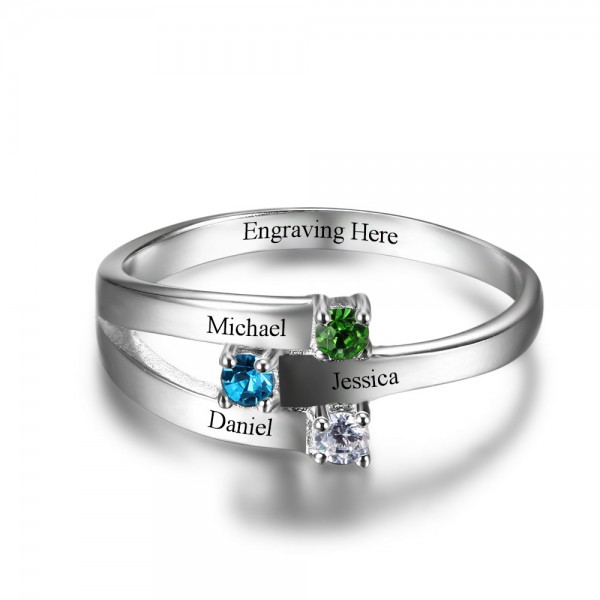Customized Silver Stackable Round Cut 3 Stones Birthstone Ring In S925 Sterling Silver
