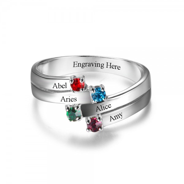 Engravable Silver Family Round Cut 4 Stones Birthstone Ring In Sterling Silver