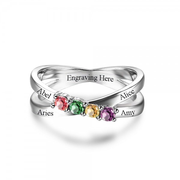 Personalized Silver Symbols Round Cut 4 Stones Birthstone Ring In 925 Sterling Silver