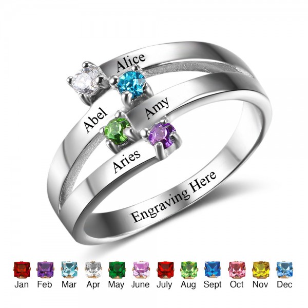Engravable Silver Stackable Round Cut 4 Stones Birthstone Ring In Sterling Silver
