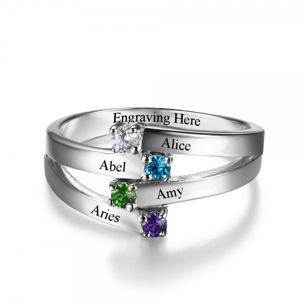 Engravable Silver Stackable Round Cut 4 Stones Birthstone Ring In Sterling Silver