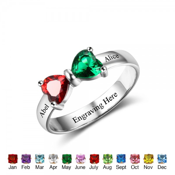 Personalized Silver Symbols Heart Cut 2 Stones Birthstone Ring In S925 Sterling Silver