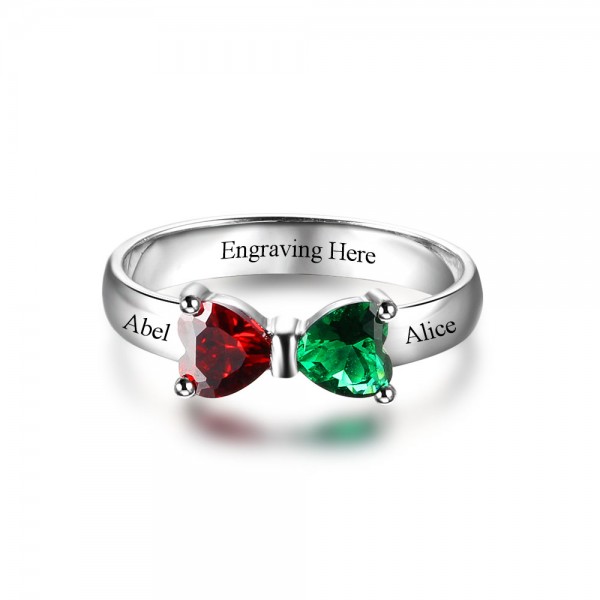 Personalized Silver Symbols Heart Cut 2 Stones Birthstone Ring In S925 Sterling Silver