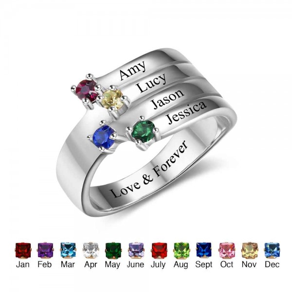Fashion Silver Stackable Round Cut 4 Stones Birthstone Ring In 925 Sterling Silver