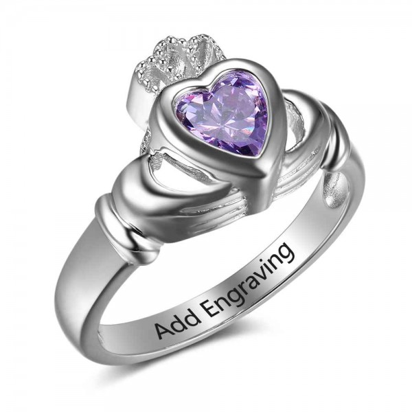 Personalized Silver Claddagh Heart Cut 1 Stone Birthstone Ring