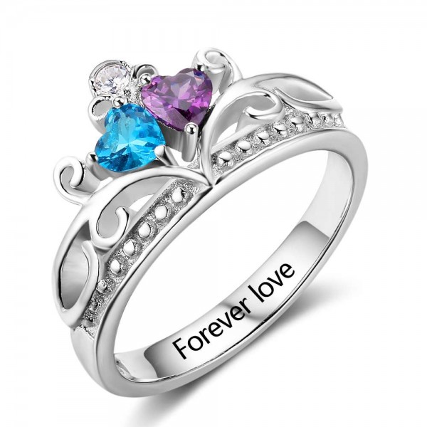 Customized Silver Tiara Heart Cut 2 Stones Birthstone Ring In S925 Sterling Silver