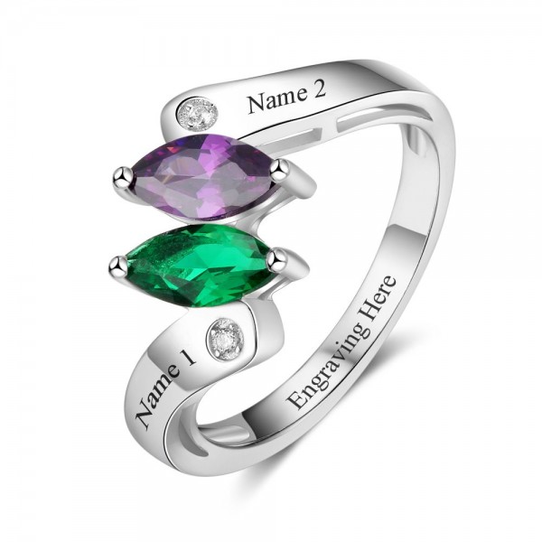 Affordable Silver Geometric Marquise Cut 2 Stones Birthstone Ring In S925 Sterling Silver