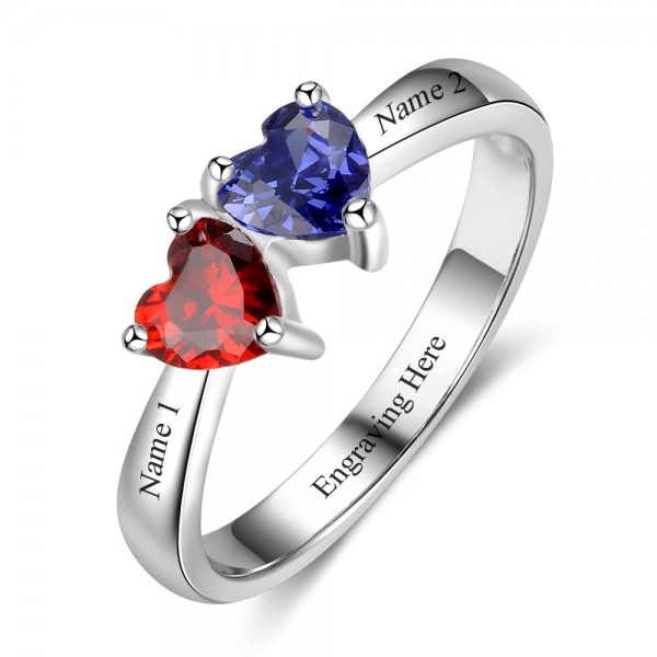 Customized Silver Love Heart Cut 2 Stones Birthstone Ring In S925 Sterling Silver