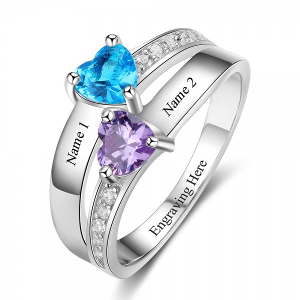 Fashion Silver Solitaire with Side Accent Heart Cut 2 Stones Birthstone Ring In Sterling Silver