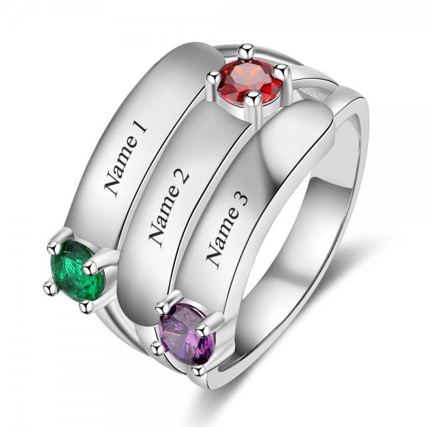 Unique Silver Stackable Round Cut 3 Stones Birthstone Ring In 925 Sterling Silver