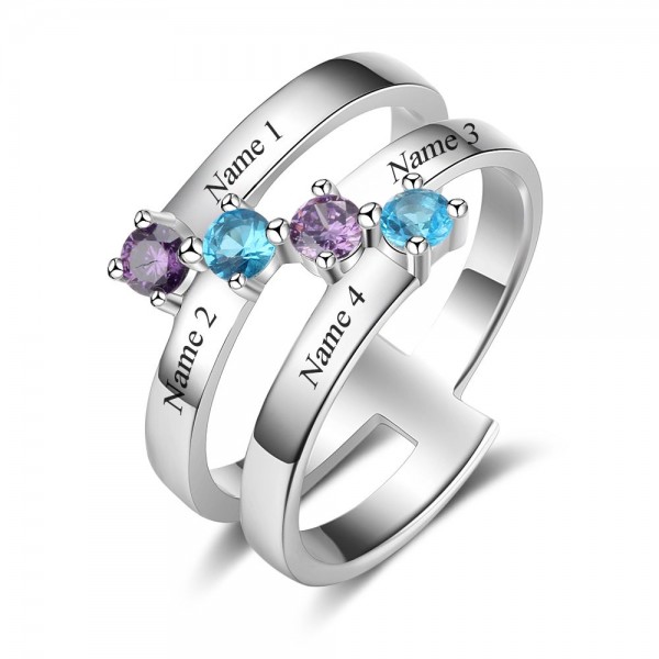 Personalized Silver Stackable Round Cut 4 Stones Birthstone Ring In Sterling Silver