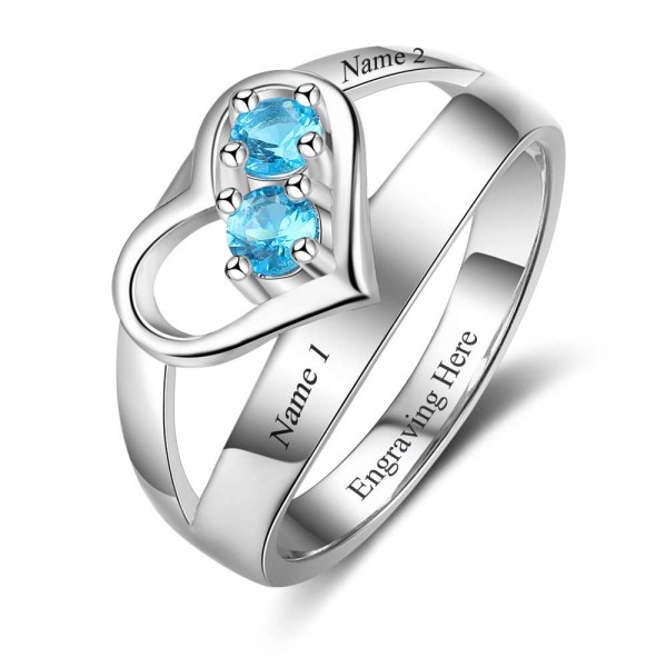 Affordable Silver Heart Round Cut 2 Stones Birthstone Ring In Sterling Silver