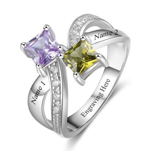 Personalized Silver Knot Princess Cut 2 Stones Birthstone Ring In 925 Sterling Silver