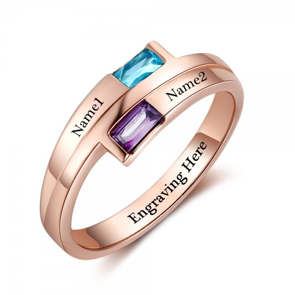Customized Rose Trends Baguette Cut 2 Stones Birthstone Ring In Sterling Silver