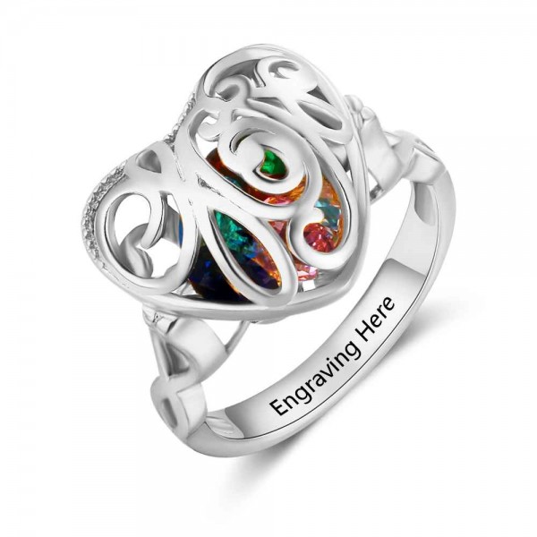 Personalized Silver Cage Heart Cut 6 Stones Birthstone Ring In 925 Sterling Silver