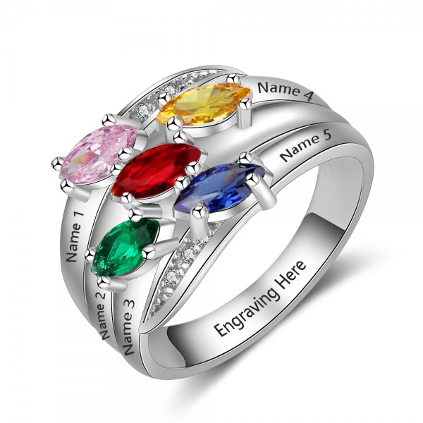 Affordable Silver Family Marquise Cut 5 Stones Birthstone Ring In Sterling Silver