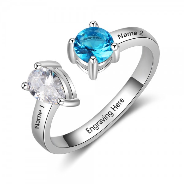 Fashion Silver Love Pear Cut, Round Cut 2 Stones Birthstone Ring In Sterling Silver