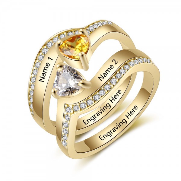 Customized Yellow Solitaire with Side Accent Heart Cut 2 Stones Birthstone Ring In Sterling Silver