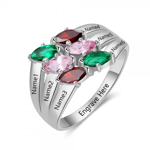 Unique Silver Stackable Marquise Cut 6 Stones Birthstone Ring In 925 Sterling Silver