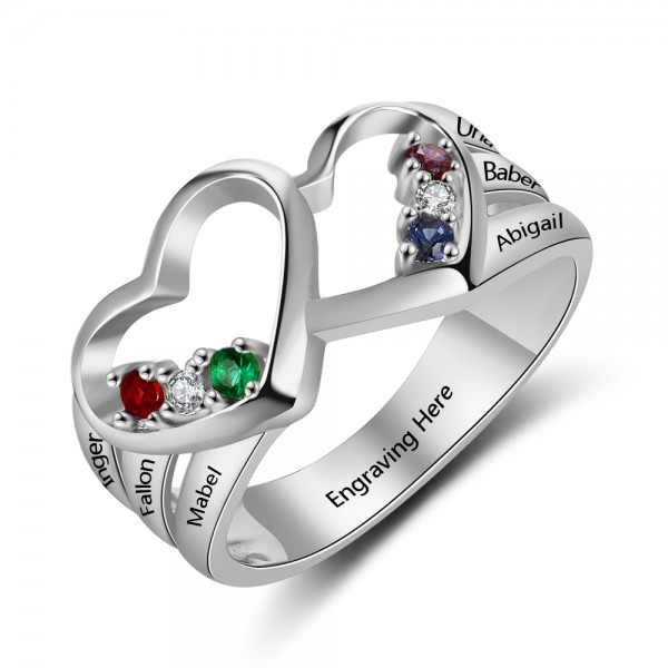 Customized Silver Heart Round Cut 6 Stones Birthstone Ring In S925 Sterling Silver