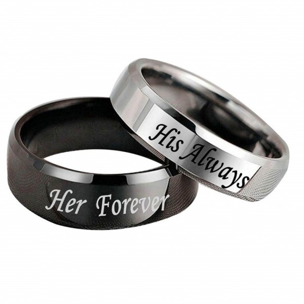 His Always And Her Forever Engravable Couple Rings In Titanium Steel With Black And Silver Two-Tone