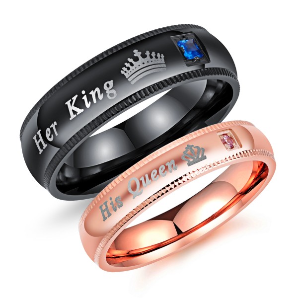 Black and Rose Her King His Queen Couple Rings In Stainless Steel with Round Cut Gemstones
