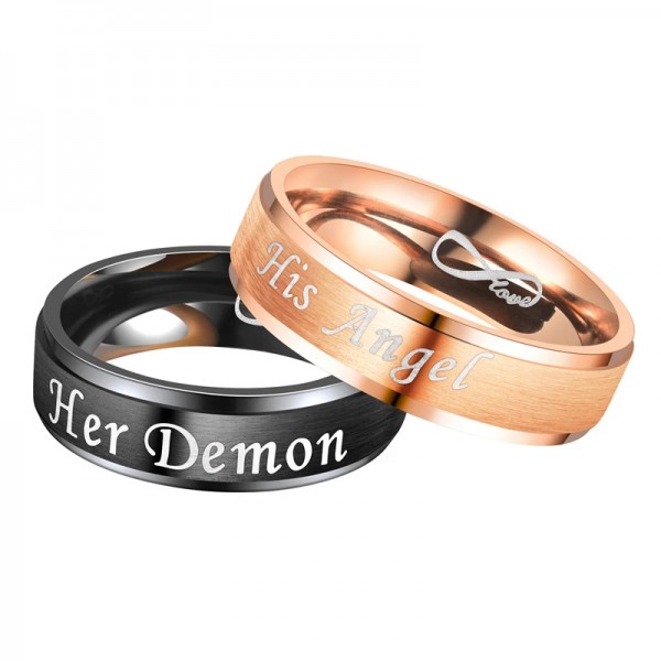 Couple's Engravable Her Demon His Angel Infinite Love Promise Ring in Stainless Steel