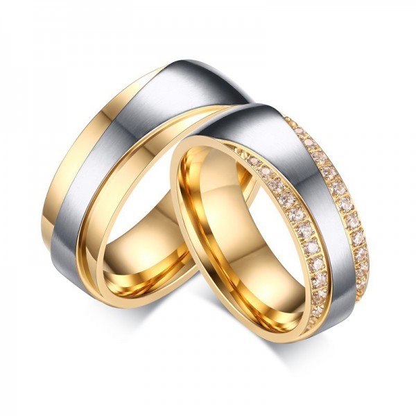 Engravable Titanium Yellow and Silver Couple Ring With Round Cut Cubic Zirconia
