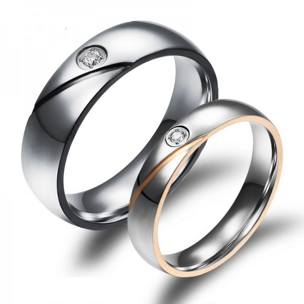 Engravable Simple Stainless Steel Couple Ring With Cubic Zirconia