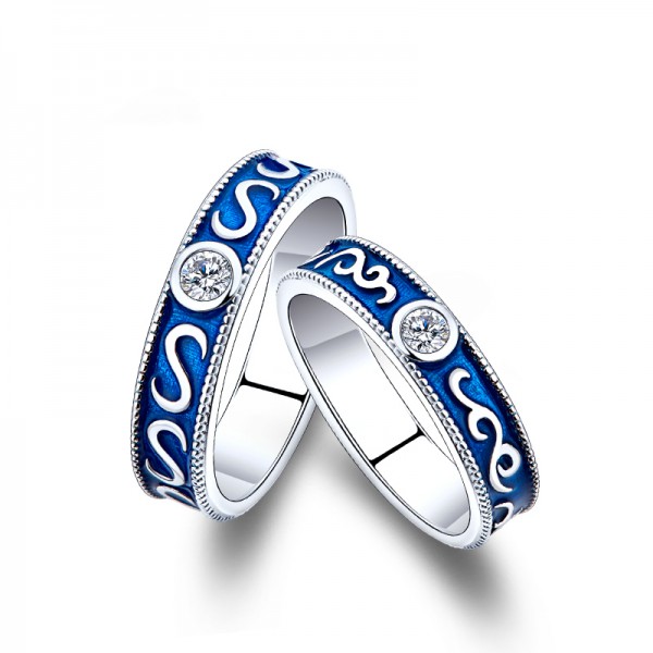 Engravable Couple's love In The Deep Blue Sea Promise Ring In Sterling Silver Plated Platinum