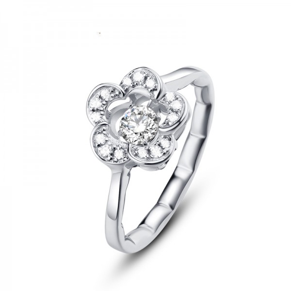 Engravable Sterling Silver Plated Platinum Flowers Promise Ring For Her