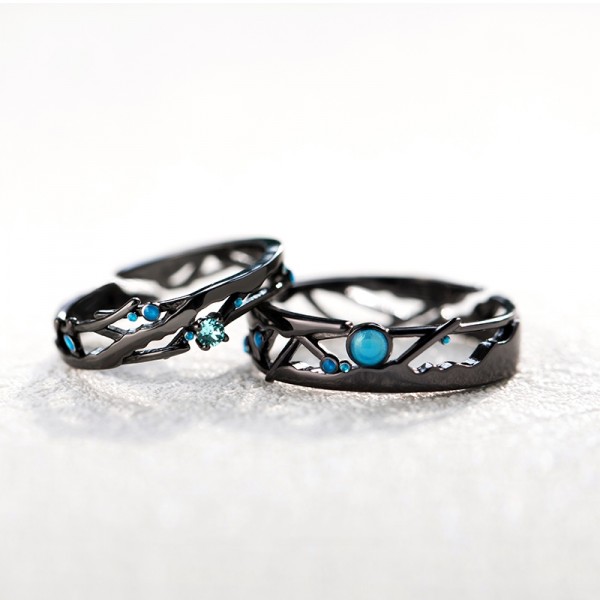 Original Black Geometric Matching Promise Rings For Couples In 925 Sterling Silver