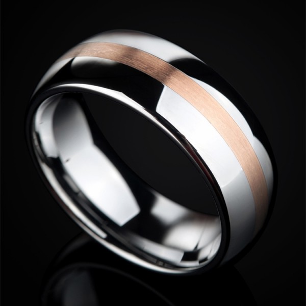 Engravable 14K Rose Gold Wedding Band For Man In Tungsten