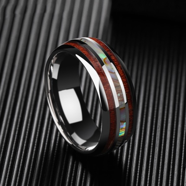 Engravable Shell And Wooden Men's Wedding Band In Tungsten