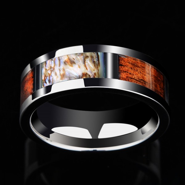 Engravable Wooden And Shell Men's Wedding Ring In Tungsten